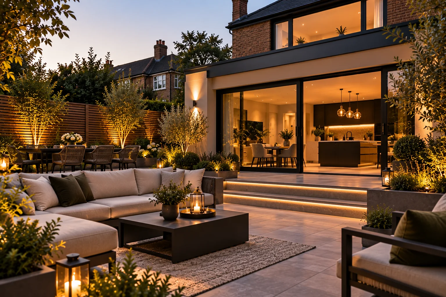 Renovated home opening onto a garden patio with outdoor seating