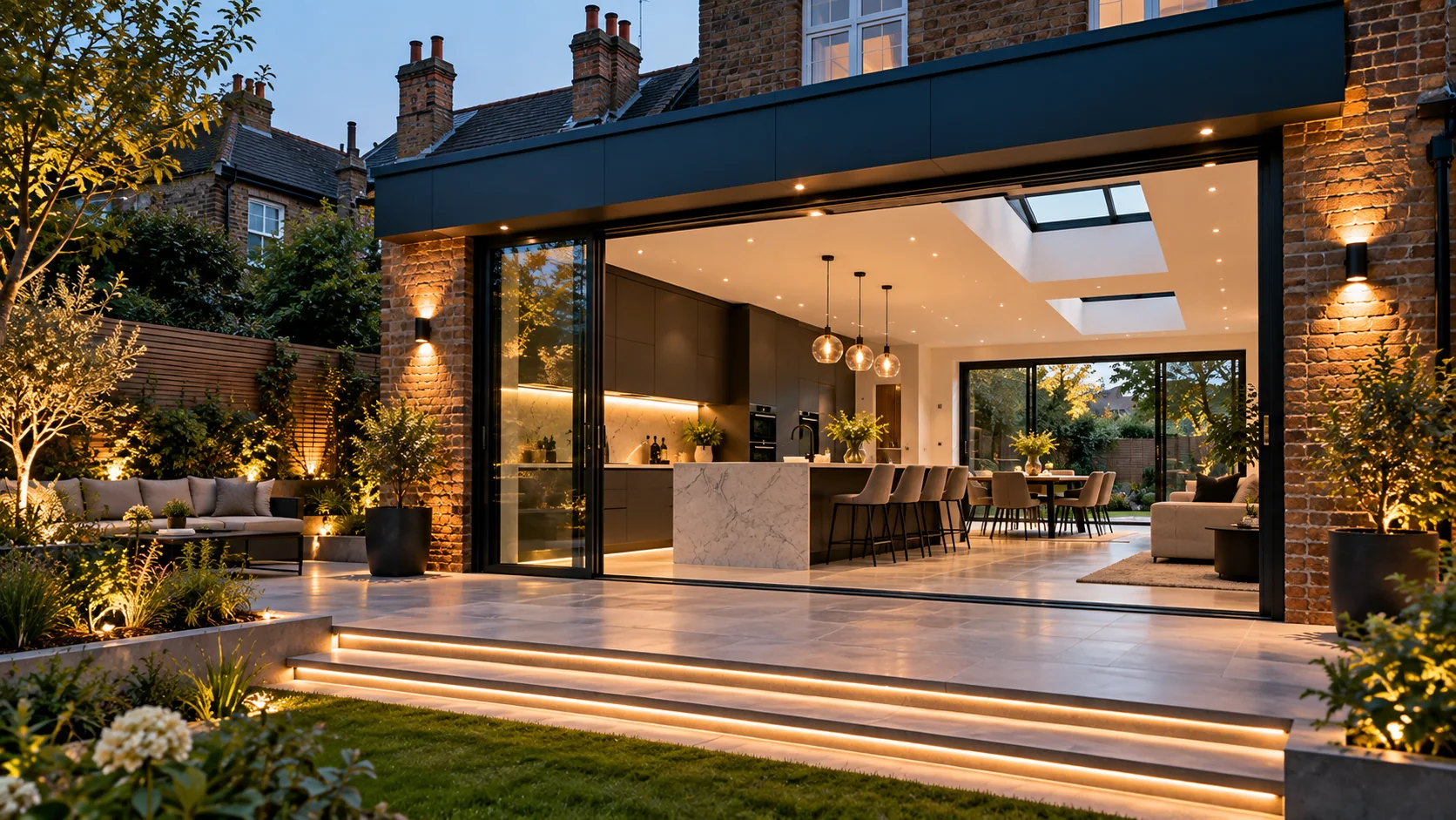 Rear home extension with glazed doors opening onto a garden terrace
