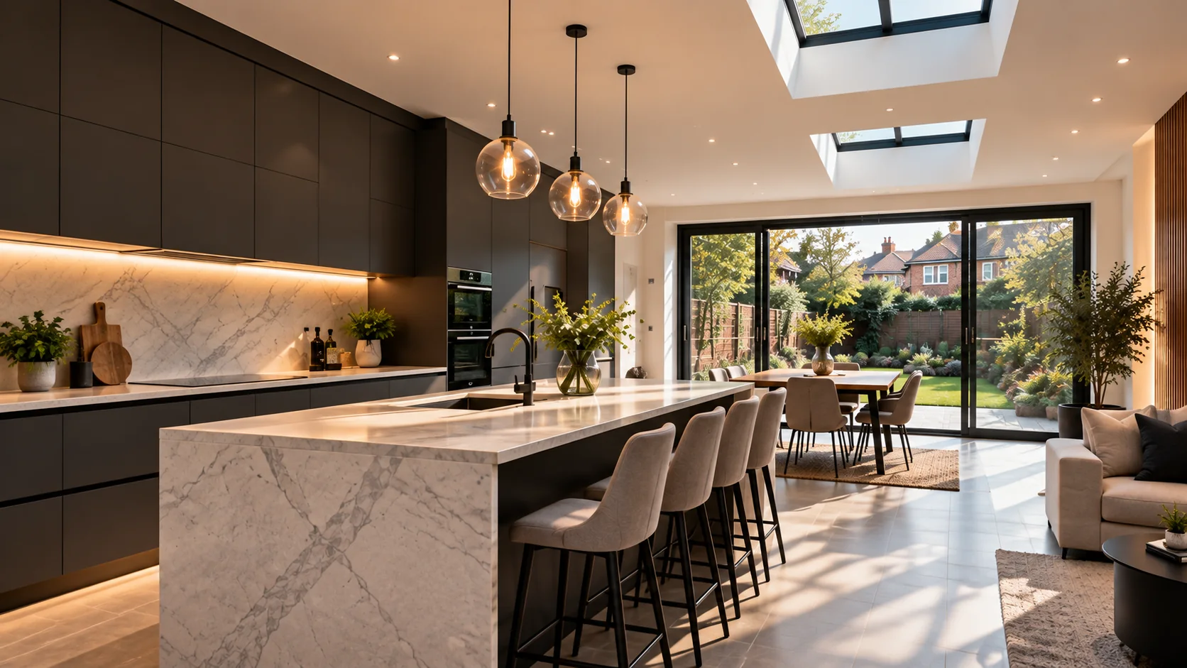 Renovated kitchen with an island and pendant lights