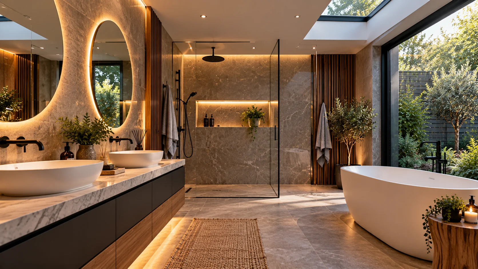 Contemporary bathroom with a round mirror and glazed shower enclosure