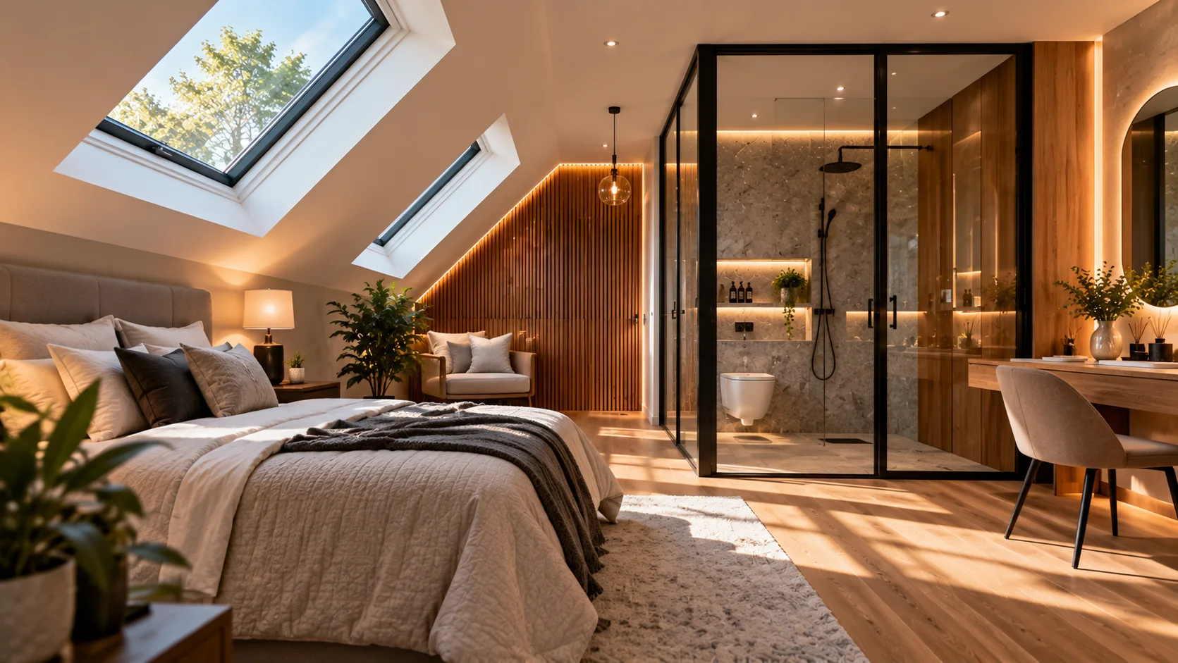 Loft conversion with roof windows and a glazed bathroom partition