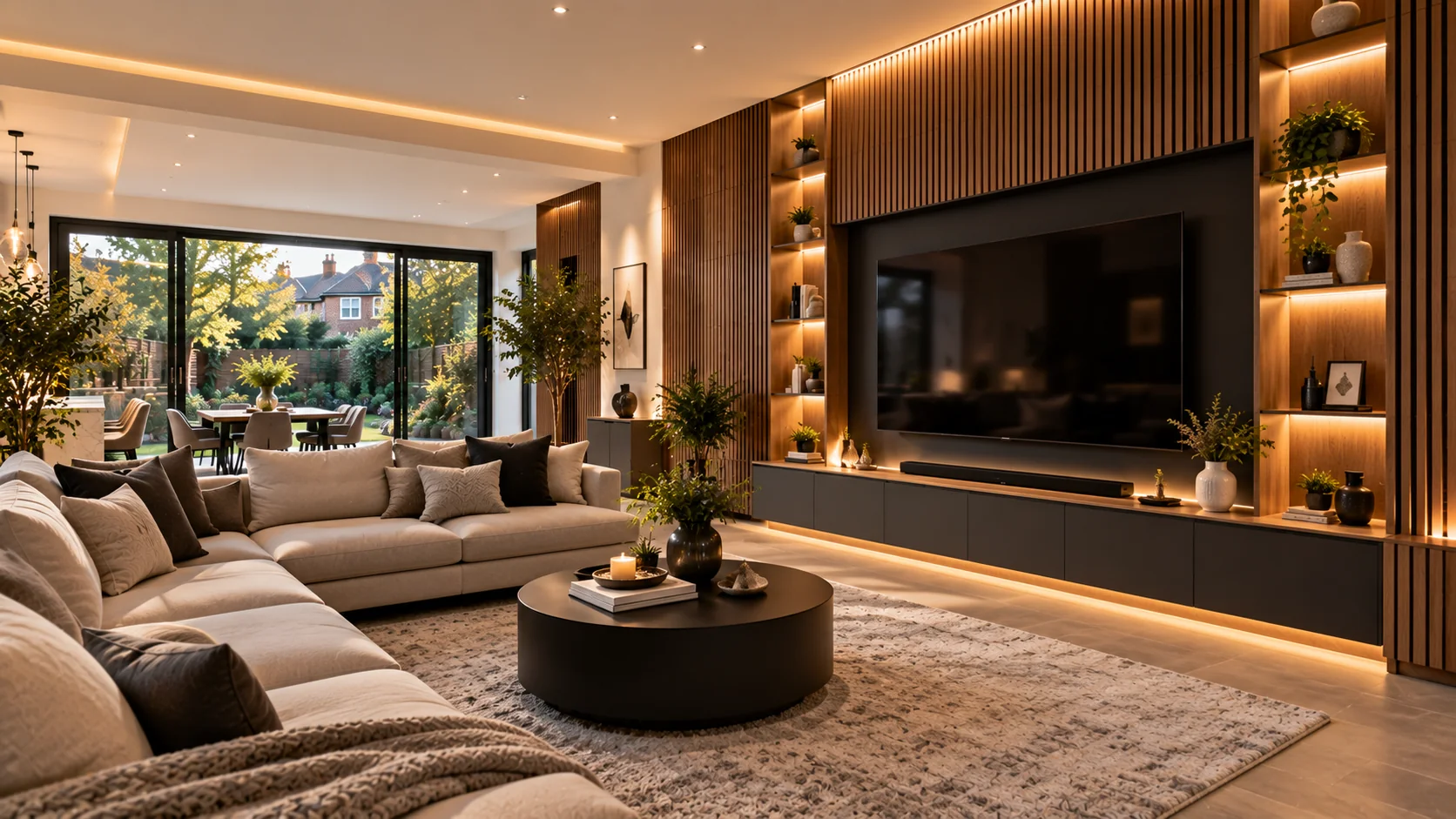 Renovated living room with wood panelling and a media wall
