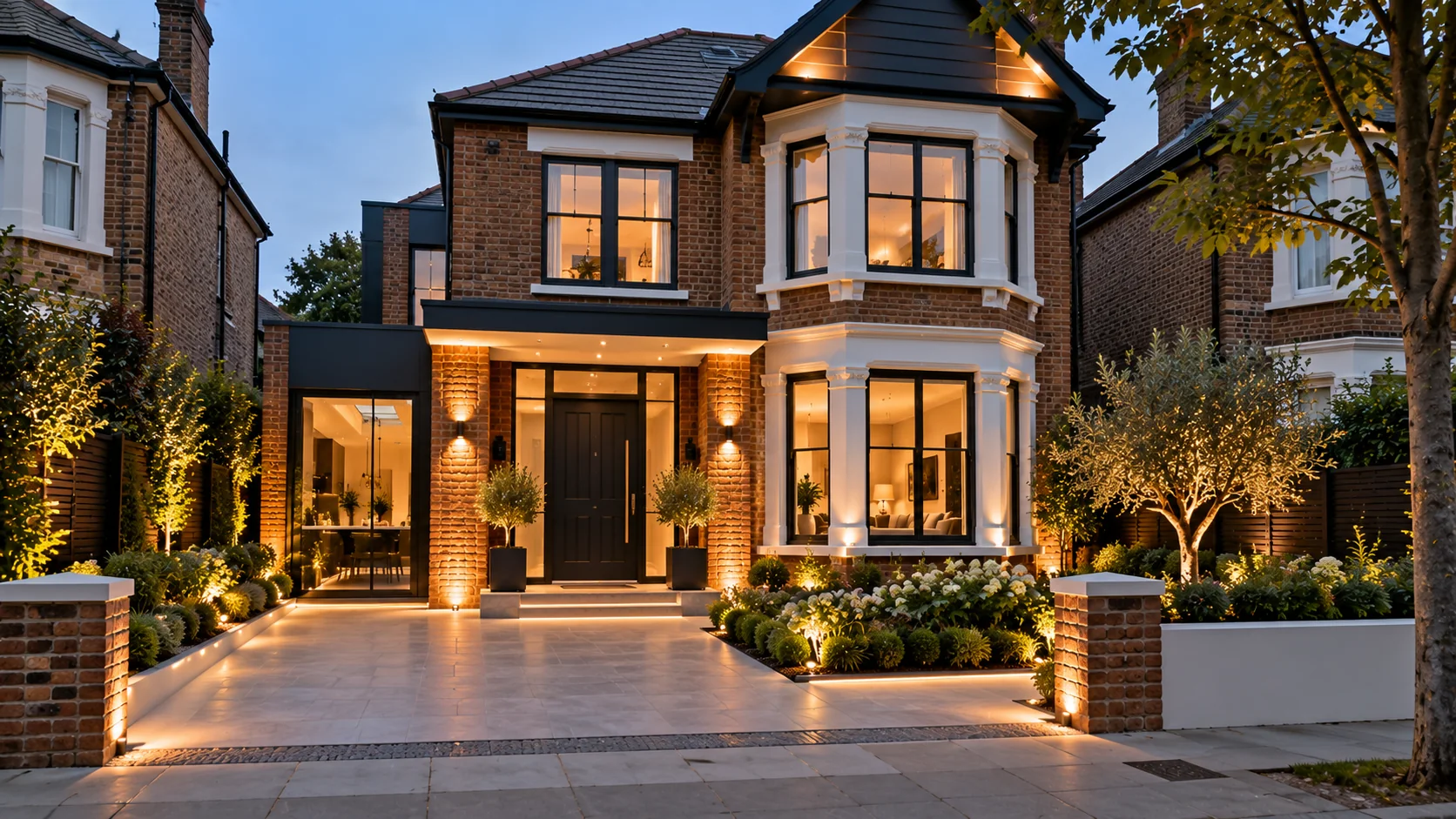 Refurbished house exterior illuminated at dusk
